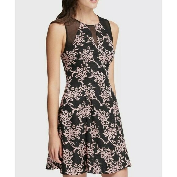 Guess Womens 6 Printed Illusion Trim Fit N Flare Dress Pink Black Sleeveless NWT - Picture 3 of 11